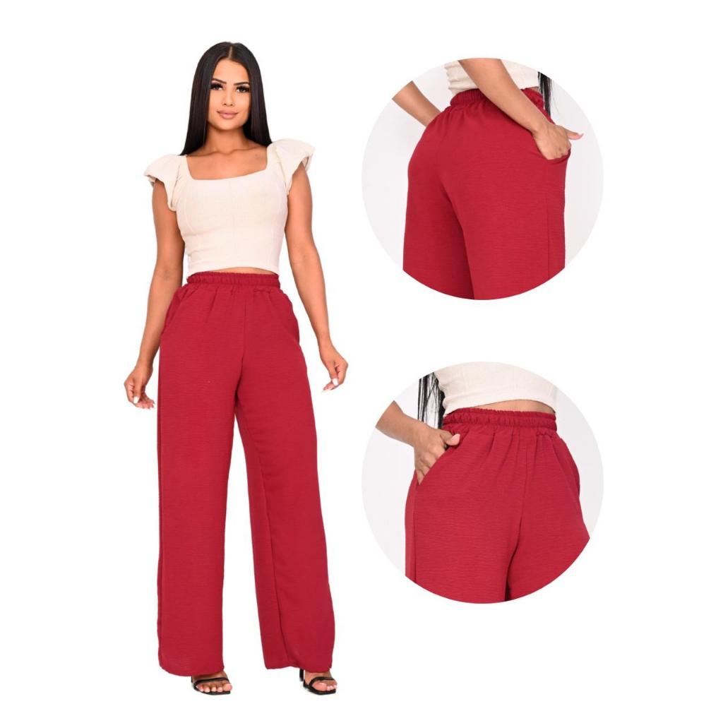 Calça Feminina Pantalona Tecido Duna Kit Cintura Alta Com Bolso Wide Leg