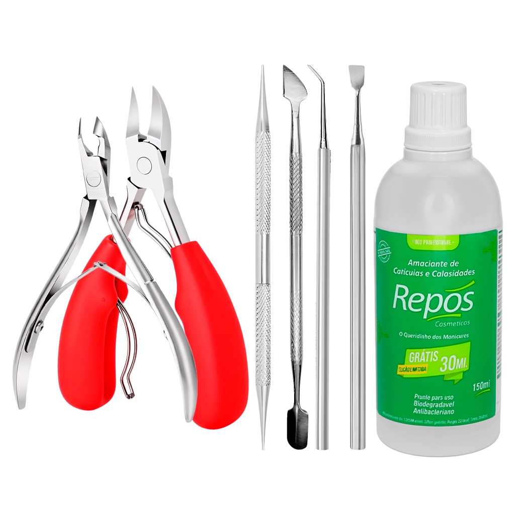 Kit Alicate Cutícula Inox Espátula Amaciante Repos Manicure Pedicure Mola Dupla Corte Curvatura