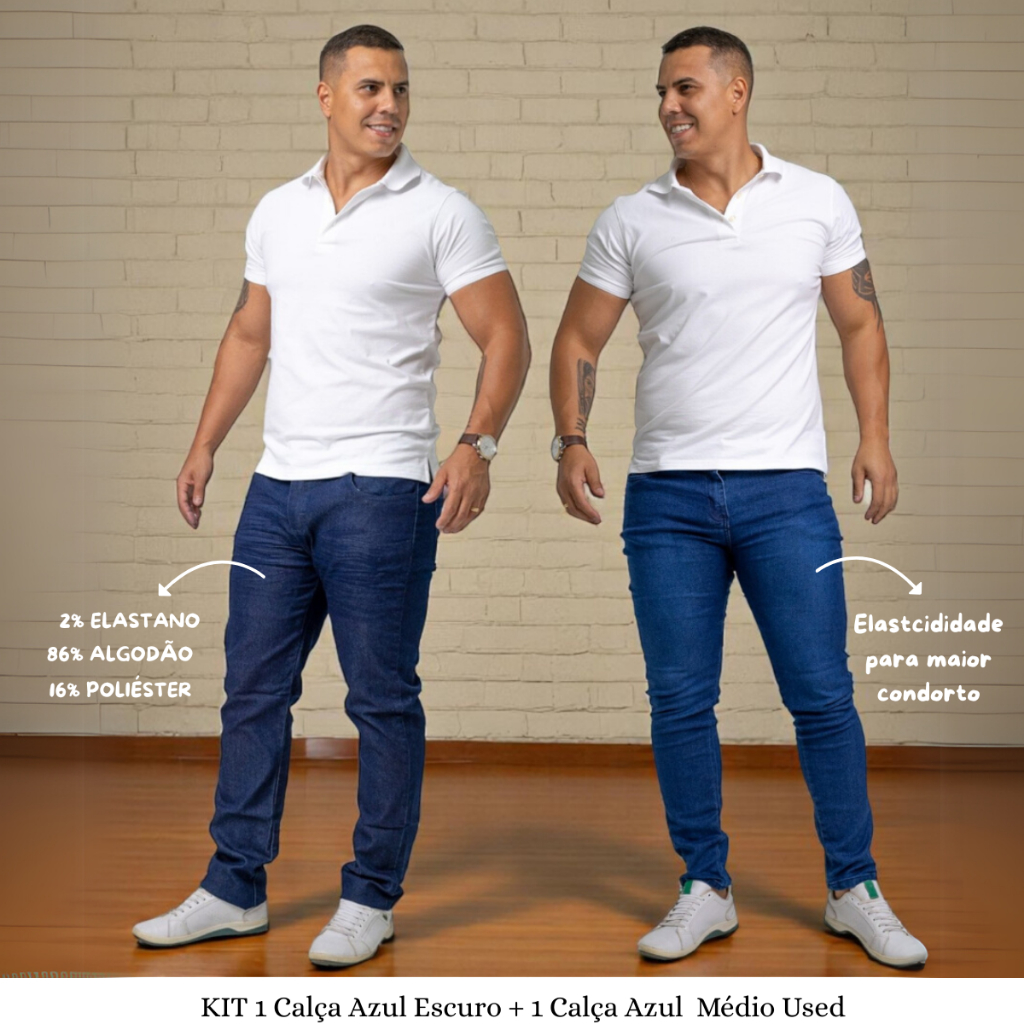 KIT Calça Masculina Jeans Slim Lycra Elastano Premium 1 Azul Escuro e 1 Azul USED |Alta Elasticidade