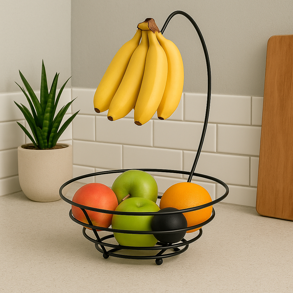 Fruteira Aramada Redonda Com Suporte Cesta Para Banana Preta Black Cesta Organizador De Frutas
