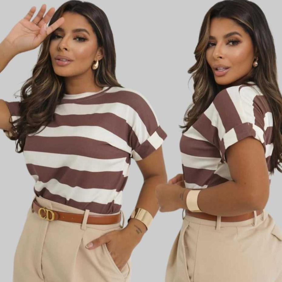 Blusa Feminina T-shirts Casual Minimalista Listrada Japonesa Manga Dobrada Cores Inverno V...