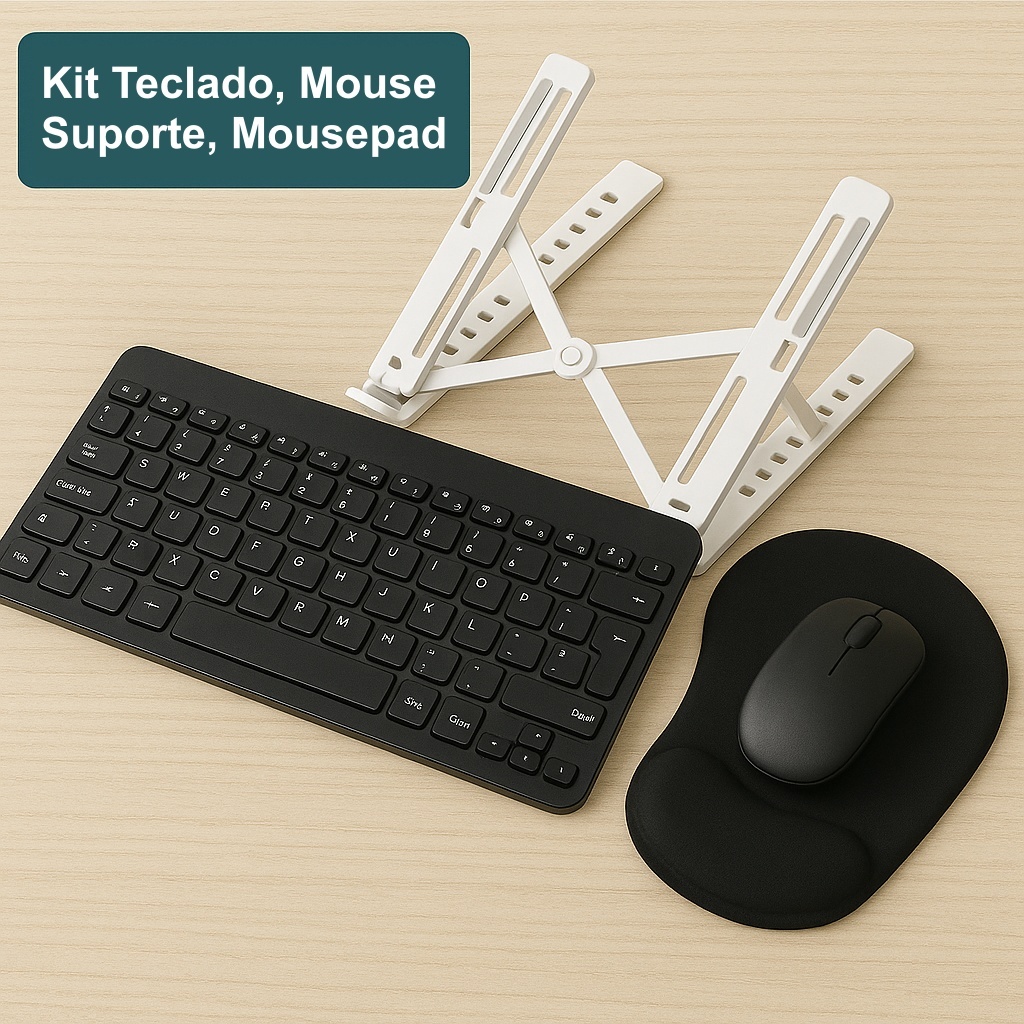 Kit Home Office Suporte Notebook Alumínio Teclado Mouse Sem Fio Bluetooth Mousepad Ergonômico
