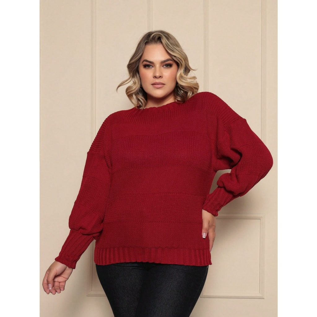 Blusa de Frio Sueter Modelo Grande Plus Size Tricô Manga Bufante