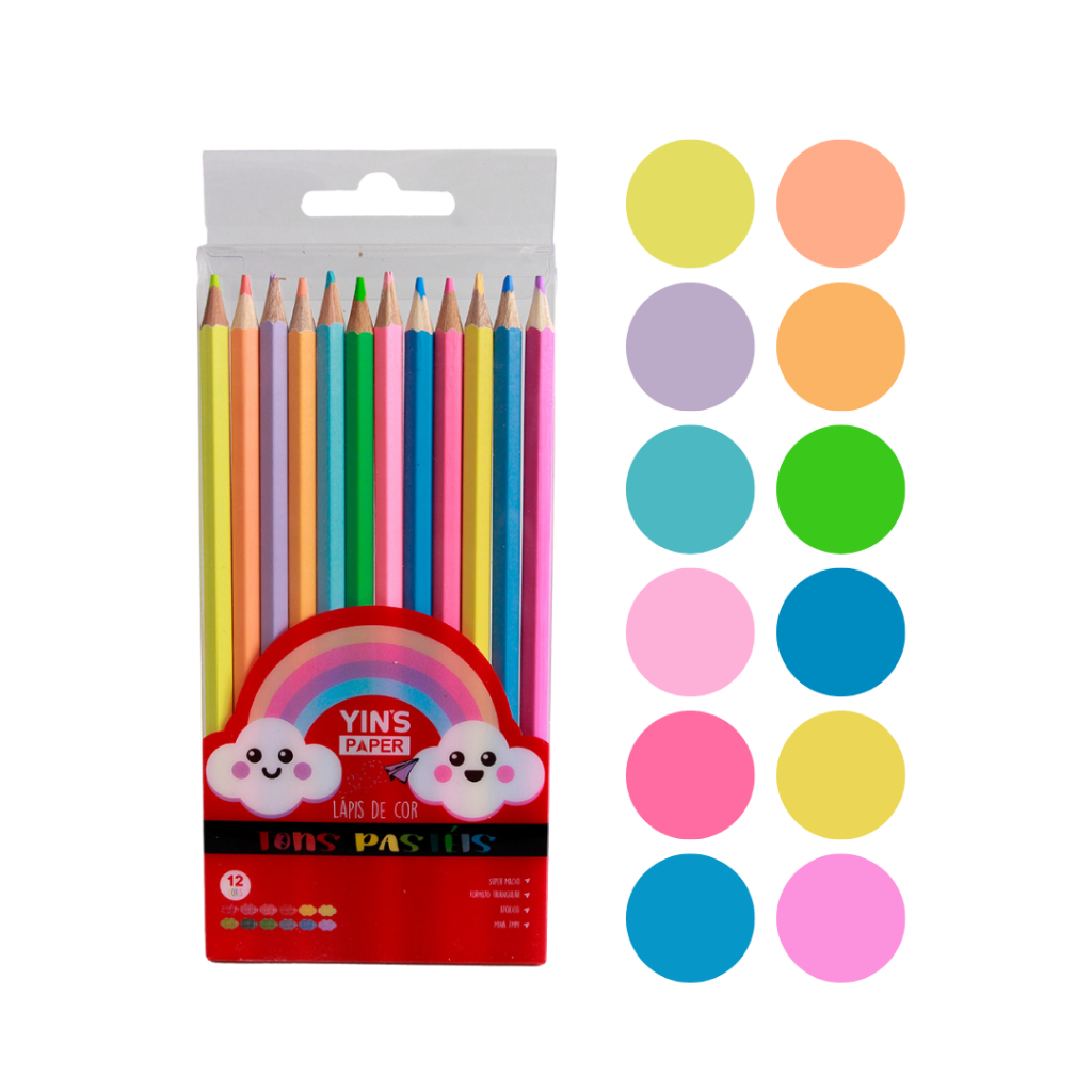 Lapis de Cor 12 Cores Tons Pastel Material Escolar Papelaria fofa-  Yins Paper