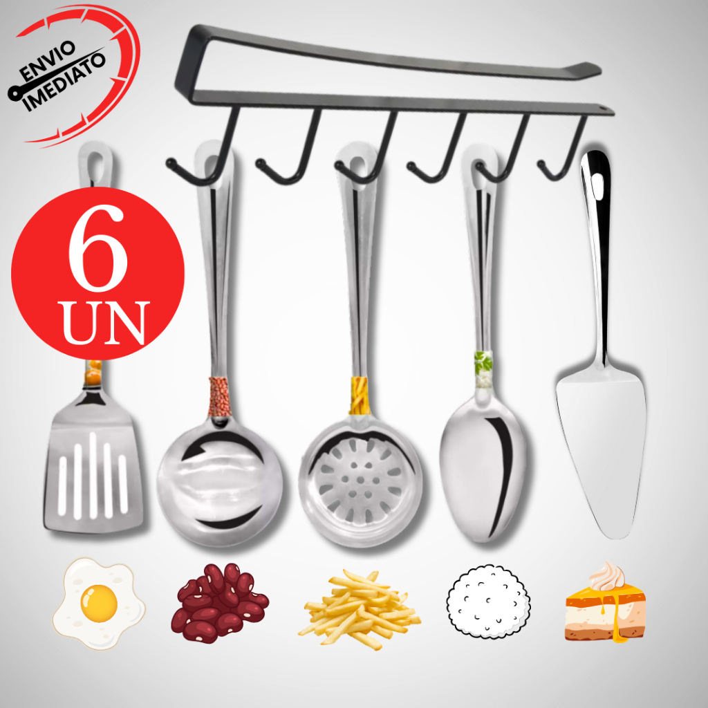 Kit 6 Peças Inox Espátula Para Bolo Colher Escumadeira Concha Espátula Cabide Universal Cozinha