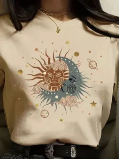 Camiseta Feminina Casual Estampa Sol Lua Minimalista Delicada Lançamento