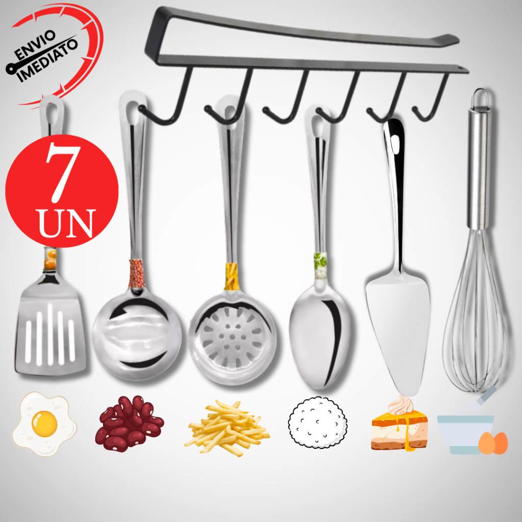 Kit Utensilio 7 Peças Fue Espátula Para Bolo Concha Colher para Arroz Escumadeira Cabide Universal