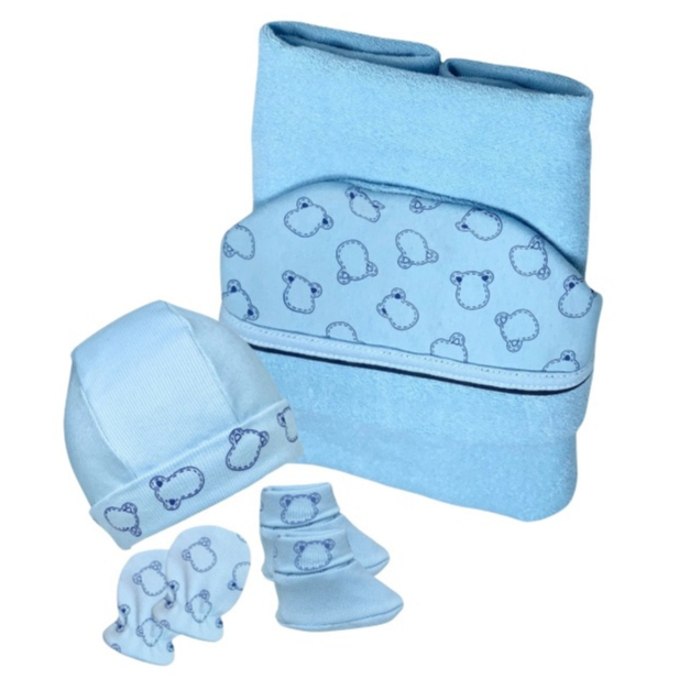 Toalha de Banho Forrada com Fralda, Touca, Luvas e Sapatinhos RN Kit Enxoval Achadinho para o Bebê