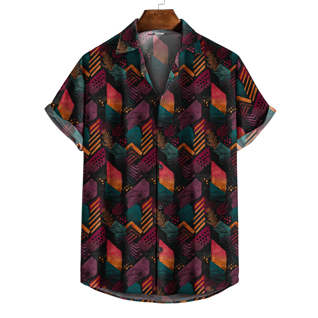 Camisa De Botão Masculina Estampada Geométrica Étnica Tribal Cores Pan-Africanas [Ref-114]