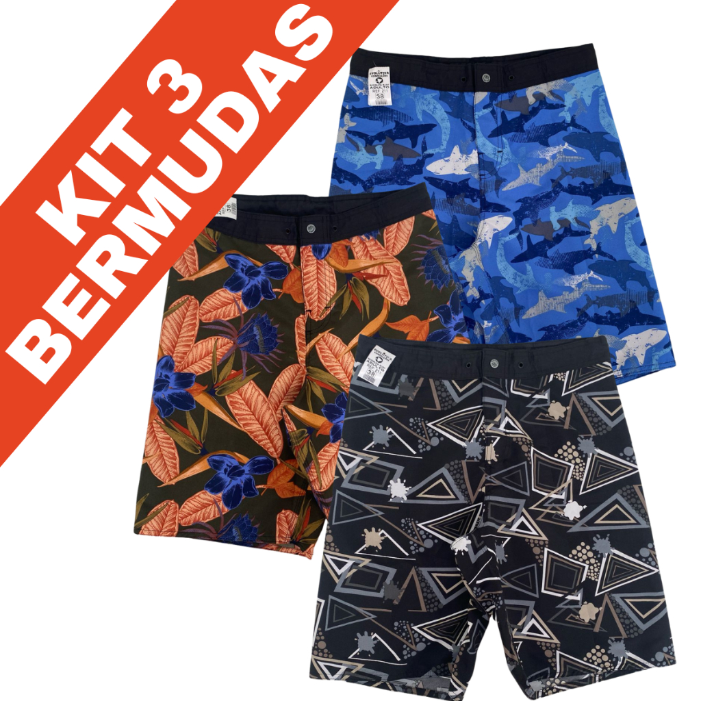 Kit 3 Bermudas Elastano  Masculinas Tactel Premium - Secagem Rápida e Ideal para Praia e Piscina
