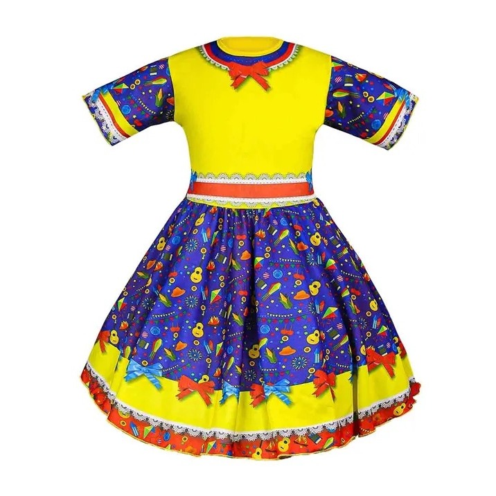 Vestido de Festa Junina Infantil Estampado Laços e Bandeirinhas