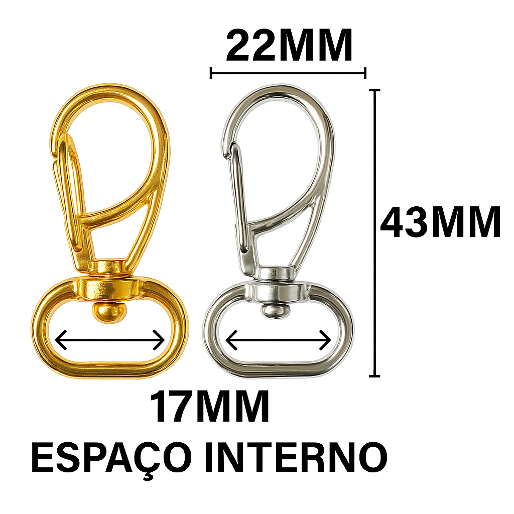 Fecho Mosquetão 43mm – Ideal para Chaveiros, Bolsas e Artesanato! - Monte seu kit de 10, 20, 30, 40 ou 50 unidades!