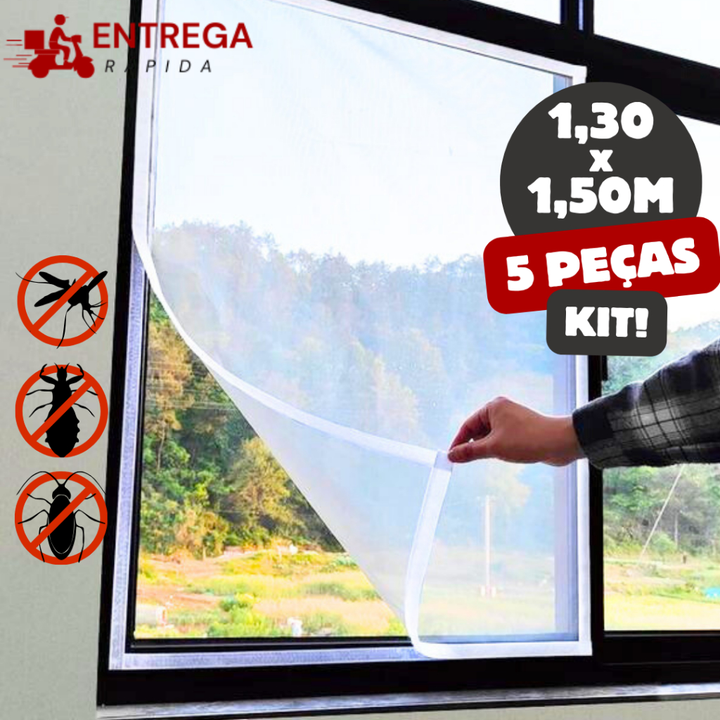 Kit 5 Tela Mosquiteiro Janela 130x150cm com Fecho de Contato e Fita Dupla Face Mosquitos e Insetos
