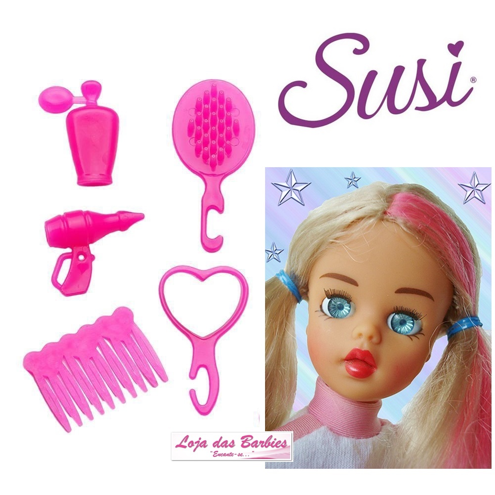 Kit Beleza P/ Boneca Susi Antiga Com Pente Escova Secador De Cabelos Espelho De Mão e Perfume (5 Peças) Acessórios
