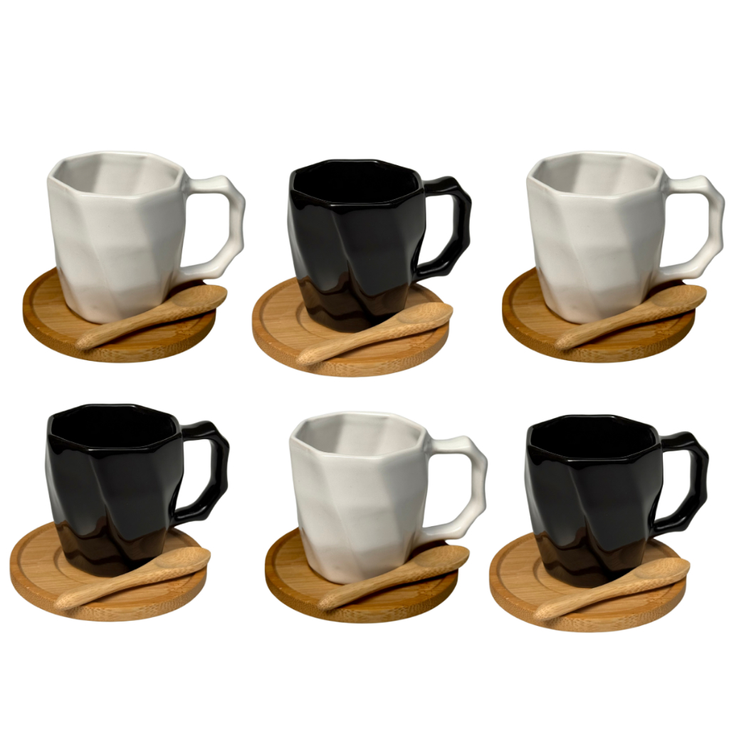 Kit 6 Canecas de Cerâmica Colher Pires Bambu, 120ml, Café Chá Cappuccino - Café da Tarde