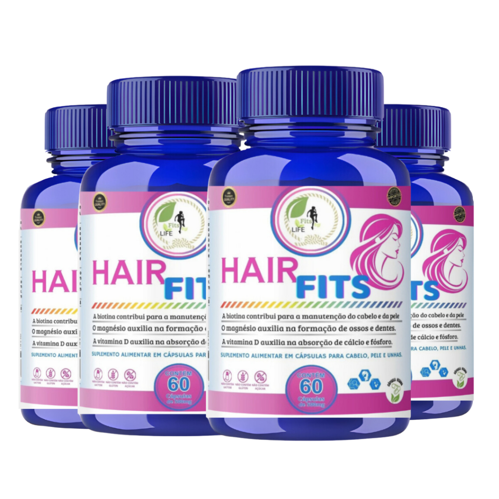 KIT C/4 Un. Hair Fits Cabelo Unha e Pele Biotina Premium 60 Cápsulas - Fits Life
