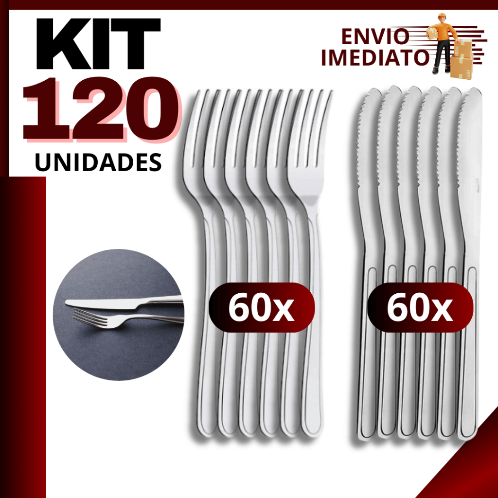 Kit 120 Talheres Aço Inox – 60 Garfos e 60 Facas Reforçados p/ Restaurante, Buffet e Cozin...