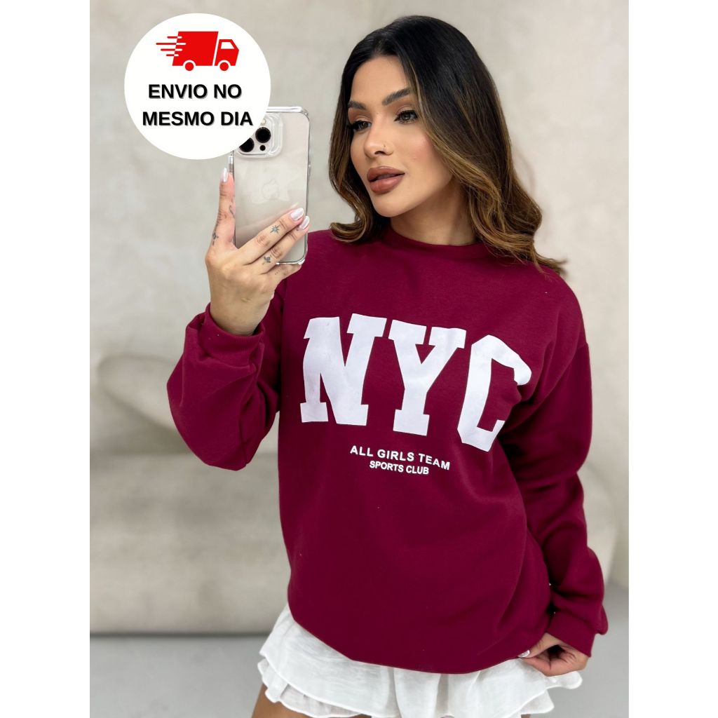 Moletom feminino oversized streetwear estampado NYC