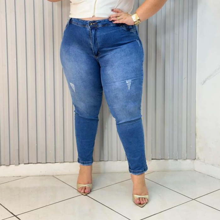 Calça Jeans Feminina Plus Size Com Lycra Cintura Alta De Brilho No Bolso Traseiro, Rvt Denim