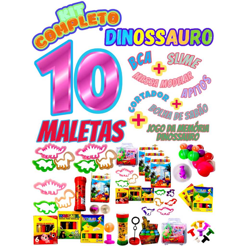Kit 10 Dinossauro Maletinha com Massinha Modelar Bolha Molde Jogo Memória  Slime e mais Lembrancinha em Oferta na Shopee