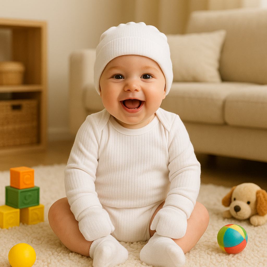 Kit 4 Peças Saída Maternidade Canelado Algodão Body Mijão Touca Luva Roupa Bebê Unissex Confortável