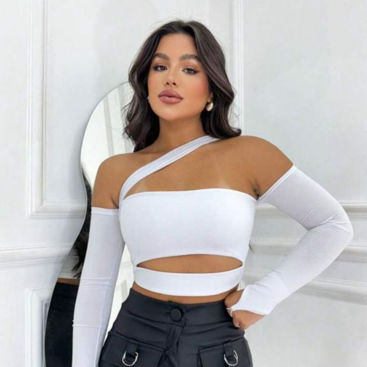 Cropped Maya Recortes Faixa Manga Longa Moda Blogueira Gringa com Bojo Feminina Decotado Ombro a Ombro em Oferta na Shopee