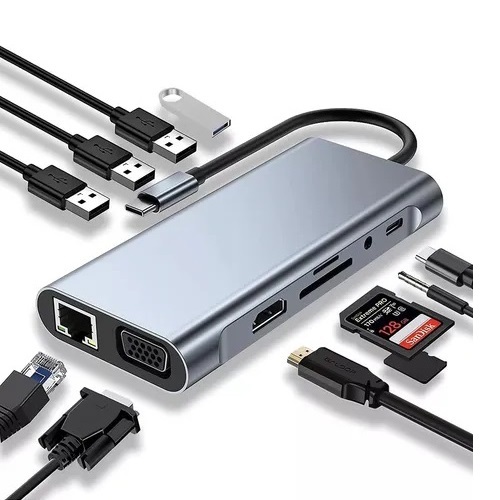 Hub Adaptador USB-c 11 Em 1 Tipo C Hdmi Usb 3.0 4k Rj45 Microsd 4k VGA P2