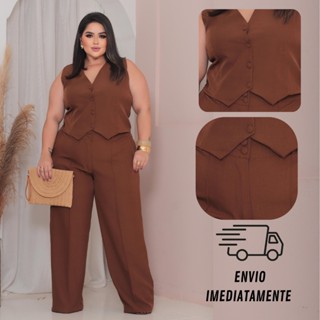 Conjunto Plus Size Feminino Alfaiataria Colete e Calça Elegante com Ziper e Elastico na ci...
