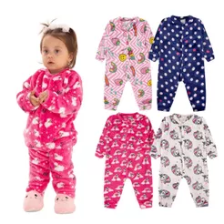 Kit 2 Macacão Bebe Menina Roupa Inverno Soft Peluciado Com Zíper Sortido
