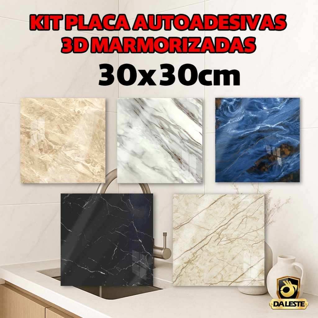 Kits Placas Para Chão Autoadesivas Mármore 3D Lavável 30x30cm Decoração Quarto Sala Banheiro Lavabo Cozinha