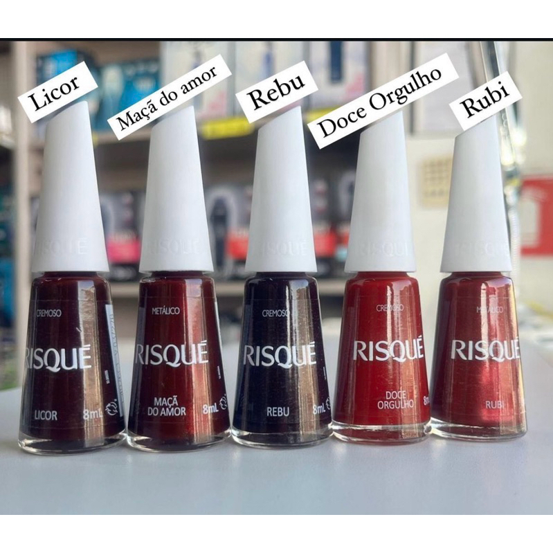 Kit 5 Esmalte Risque Tons de Vermelho Licor, Maçã do Amor, Rebu , Doce Orgulho e Rubi em Oferta na Shopee