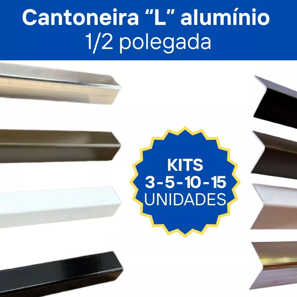Kit Cantoneira L Alumínio 1/2 12x12mm 1m | 3 5 10 15 Unidades | Várias Cores