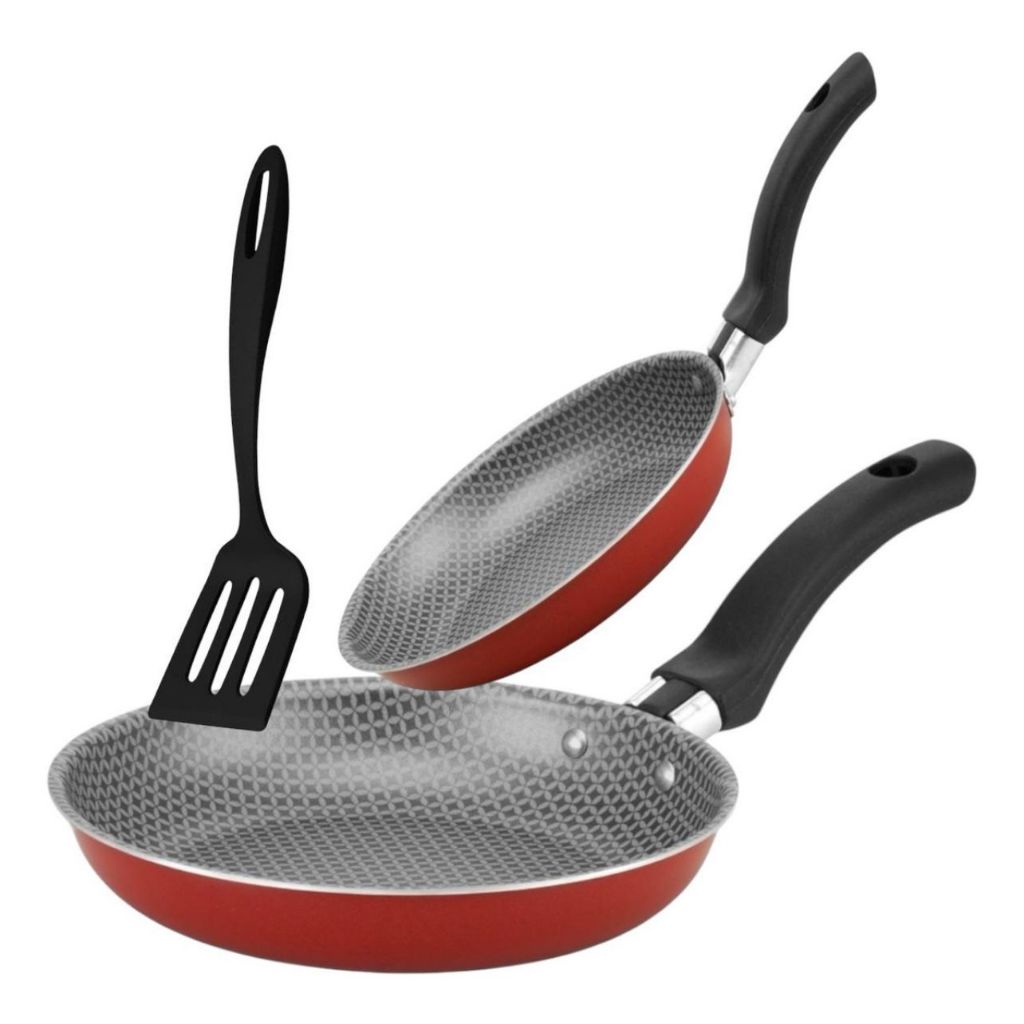 Kit Frigideira Antiaderente Sem Oleo 3 Peças Alegrete Enjoy Vermelho e Preto