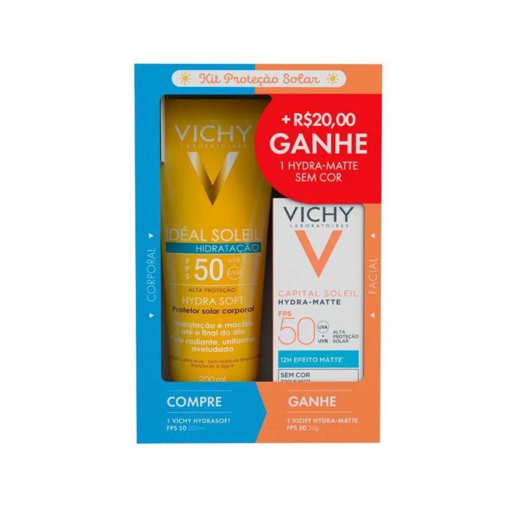 Kit Vichy Protetor Solar FPS50 Idéal Soleil Hydra Soft 200ml + Capital Soleil Hydra-Matte FPS50 30g em Oferta na Shopee