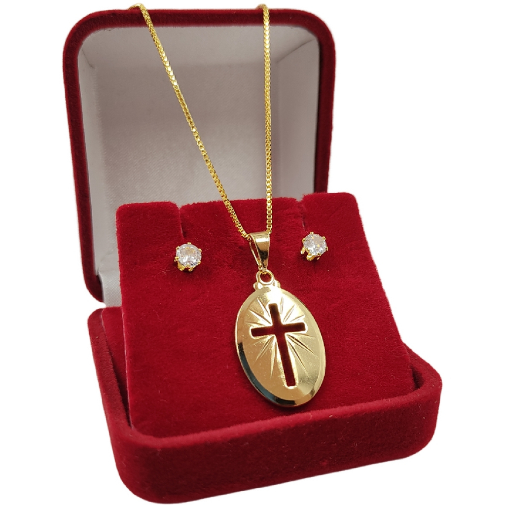 Colar Cordão Feminino Veneziano Elegante Moeda Antiga + Pingente Medalha Fé e Par de Brincos