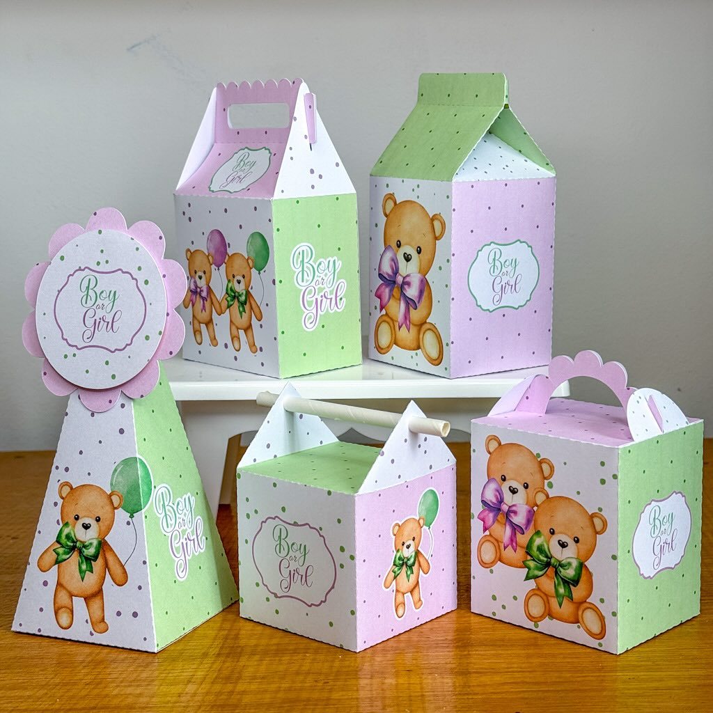 KIT FESTA CHÁ REVELAÇÃO VERDE E LILÁS, Personalizado pegue e Monte Lembrancinhas Aniversário Caixinha