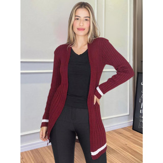 Casaco Tricot Feminino Cardigan Confortável Macio Listras