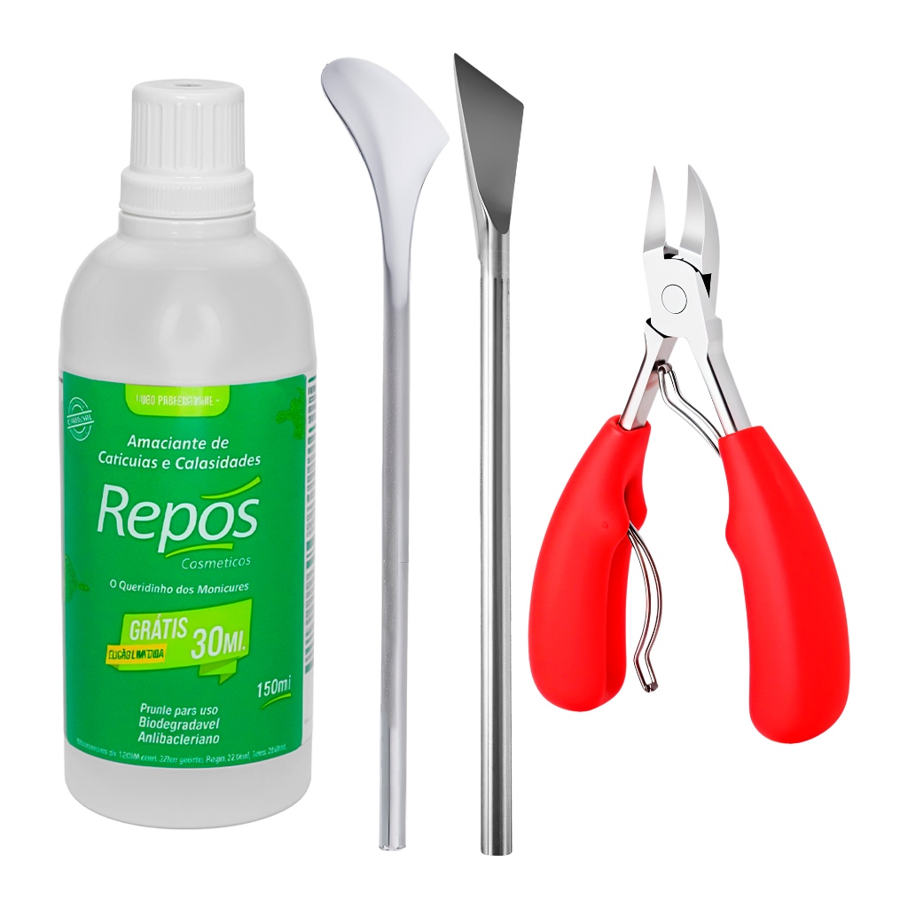 Kit Repos Amaciante Calos Cutículas Espátulas Raspador Inox Alicate Corte Pés Mãos Cuidados Diários