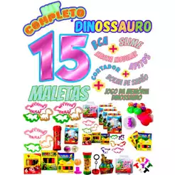 Kit 15 Maleta Dinossauro Massinha Molde Dino Sabão Slime Jogo Memoria Apito Lembrancinha Aniversário