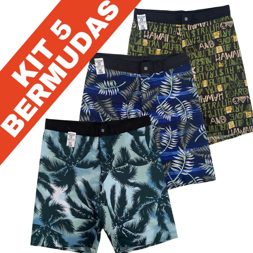 Combo 5 Bermudas Elastano  Masculinas de Tactel Leve e Resistente – Perfeito para Praia, Esporte e Lazer