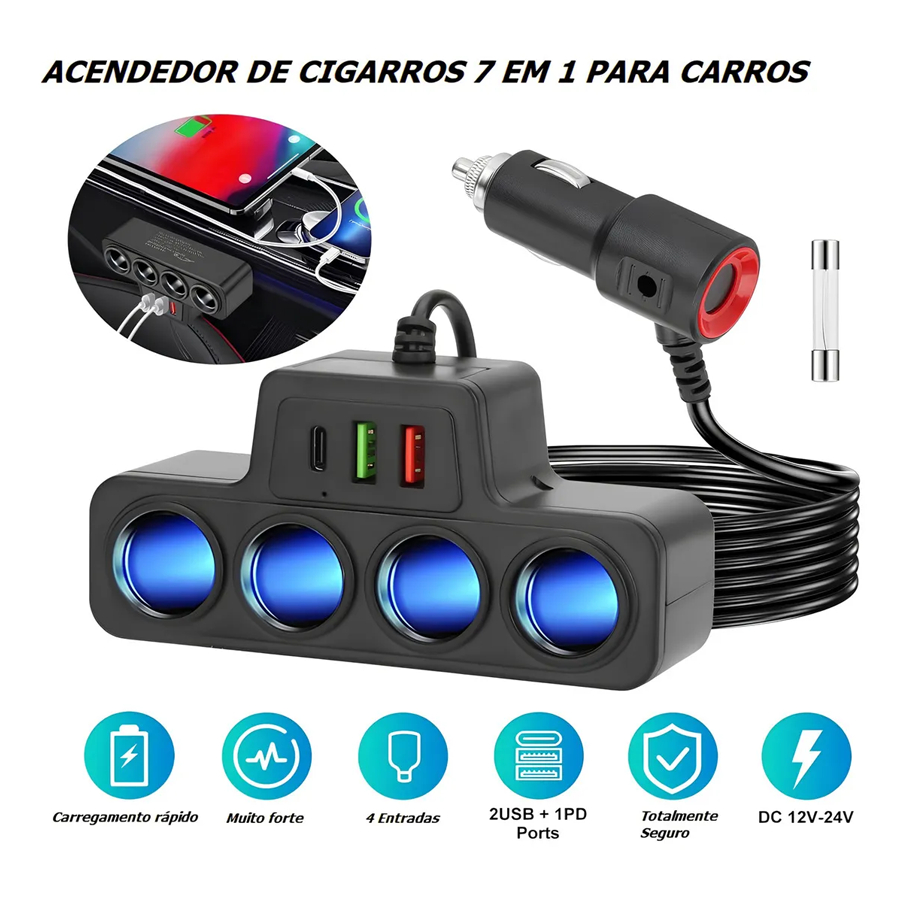 Inversor Automotivo 120W com Carga Rápida – Ideal para Viagens, com Múltiplas Saídas de Energia