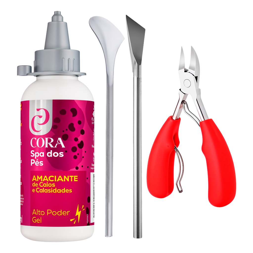 Kit Spa Pés Cora Amaciante Calos Alto Poder Gel Espátulas Inox Alicate Corte Vermelho Unhas Peles