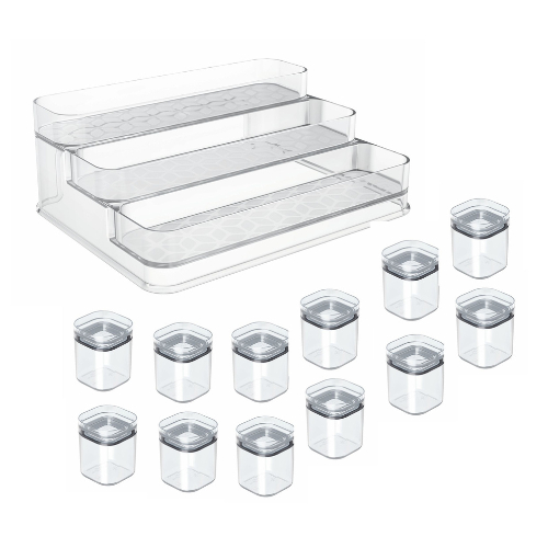 Kit Organizador de Temperos + 12 Potes Herméticos 150ml Transparente Translúcido Porta Tem...