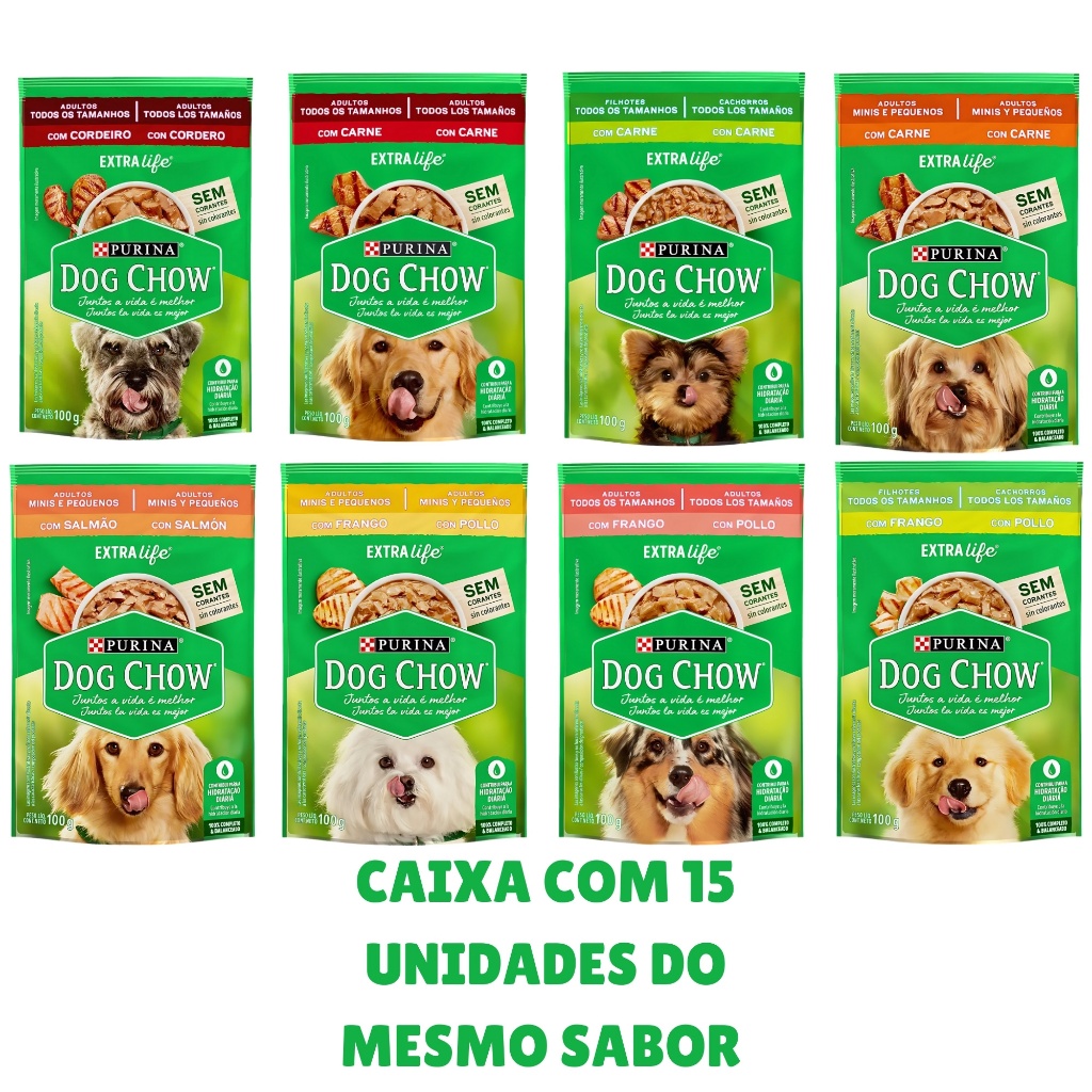 Kit 15 Unidades Sachê Dog Chow Raçao Úmida Carne, Salmão, Cordeiro, e Frango 100g em Oferta na Shopee