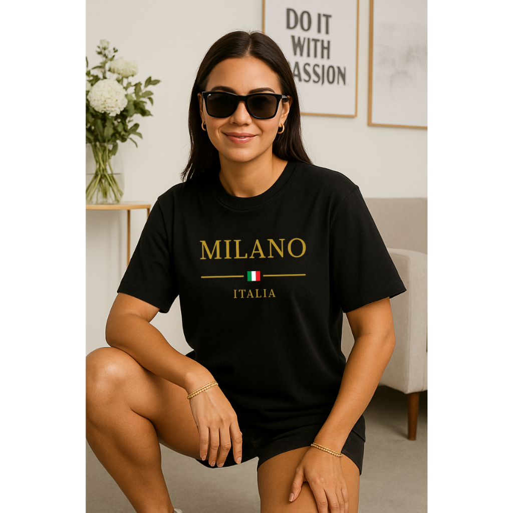 Camiseta Feminina Oversized Milano Itália País Estampada Moda Blogueira Manga Curta Algodão 100% 30.1 Estilo Academia