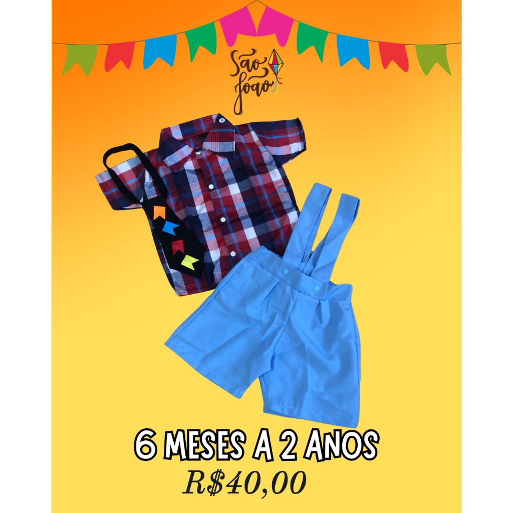 Conjunto Junino Suspensório + Camisa Xadrez Infantil Masculina Roupa de São João Bebê Conjunto São João Mês Versário