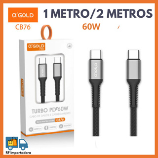 Cabo Carregador USB-C + Tipo-C Turbo 60W 1M/2M A'GOLD em Oferta na Shopee