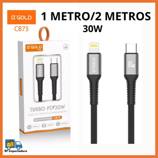 Cabo Carregador iPhone USB-C + Tipo-C Turbo 30W 1M/2M A'GOLD em Oferta na Shopee