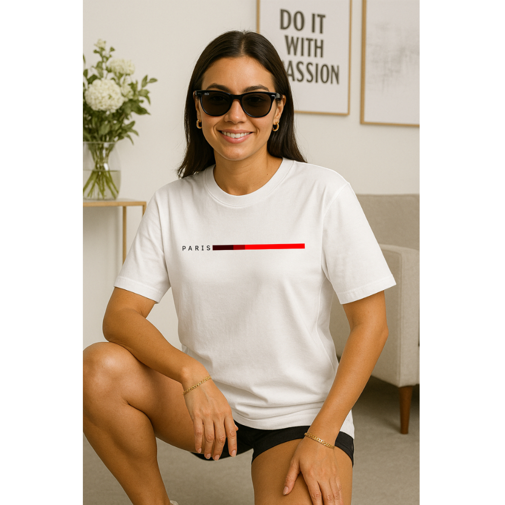 Camiseta Feminina Oversized Paris Linha Estampada Moda Blogueira Manga Curta 100% Algodão 30.1 Estilo Academia Treino
