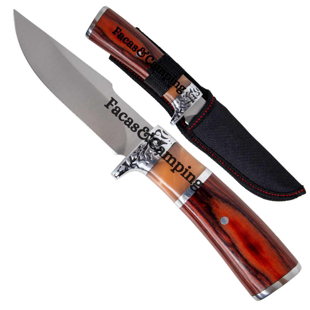 Faca Pequena Madeira Caça Pesca Churrasco Luxo Fulltang Aço Inox Com Bainha